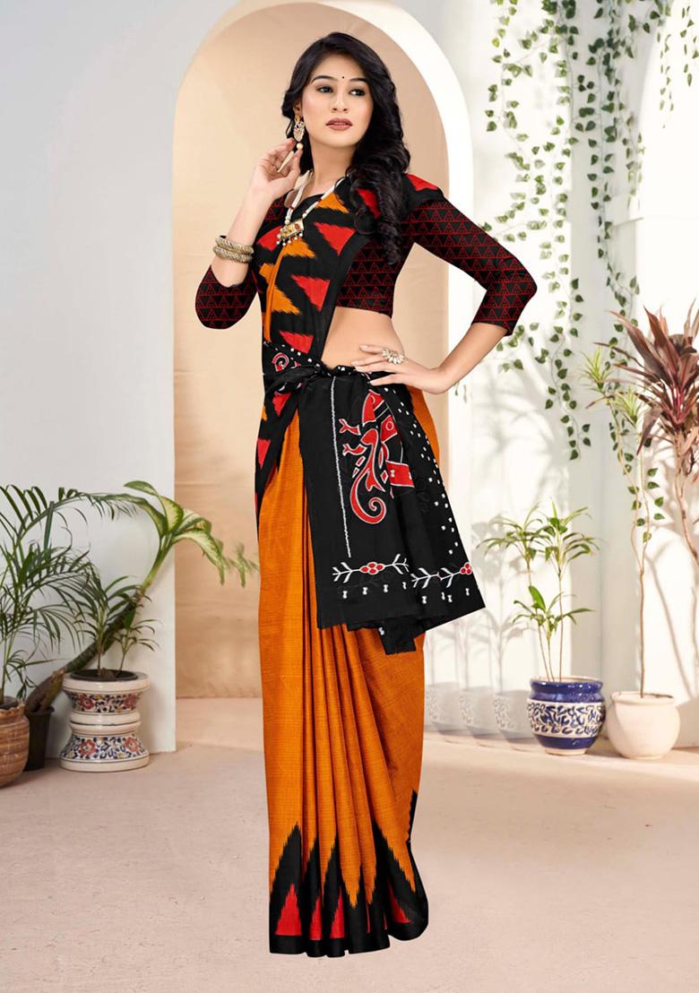 Orange  Printed Cotton Saree Set