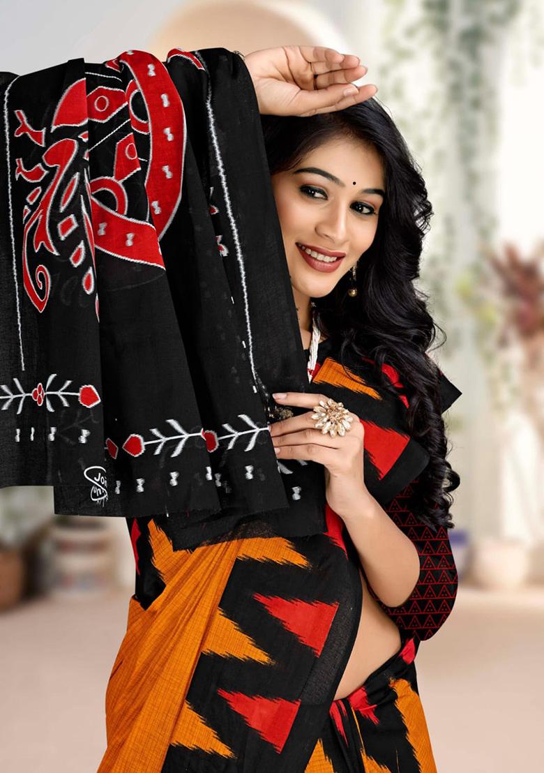 Orange  Printed Cotton Saree Set