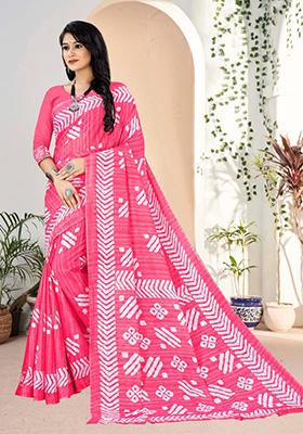 Pink Printed Cotton Saree Set
