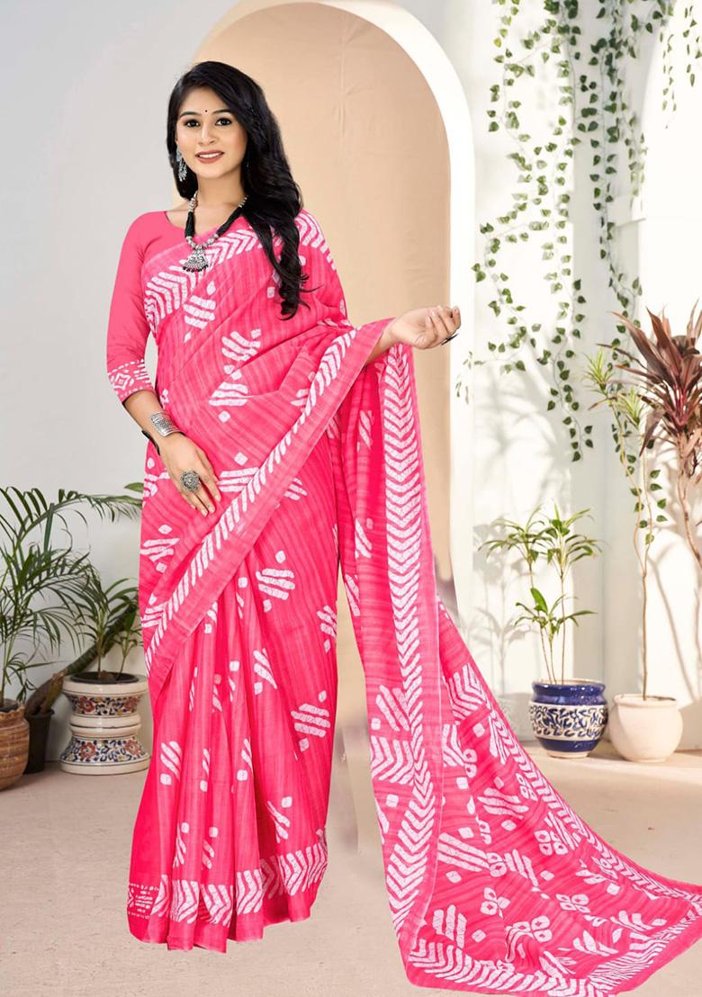 Pink Printed Cotton Saree Set