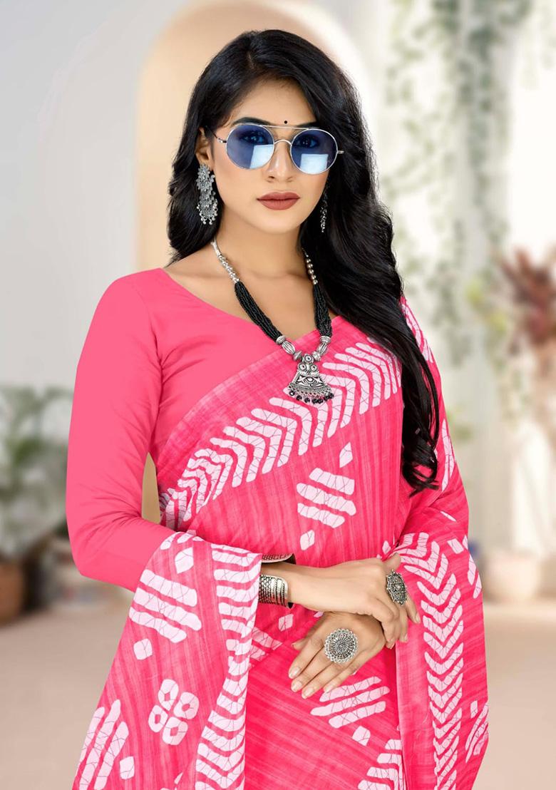 Pink Printed Cotton Saree Set