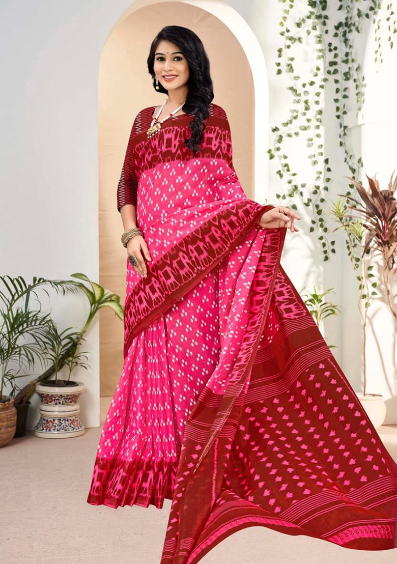 Pink Printed Cotton Saree Set