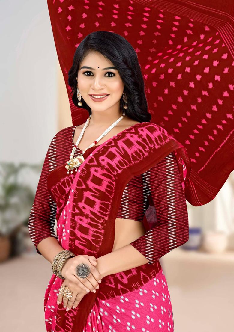 Pink Printed Cotton Saree Set