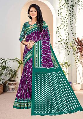 Purple Printed Cotton Saree Set