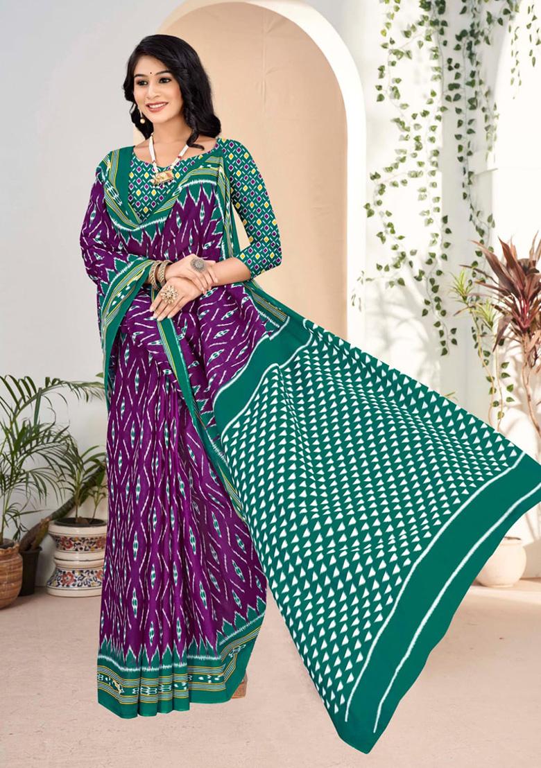 Purple Printed Cotton Saree Set