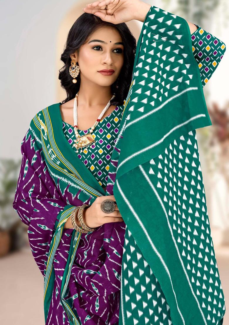 Purple Printed Cotton Saree Set