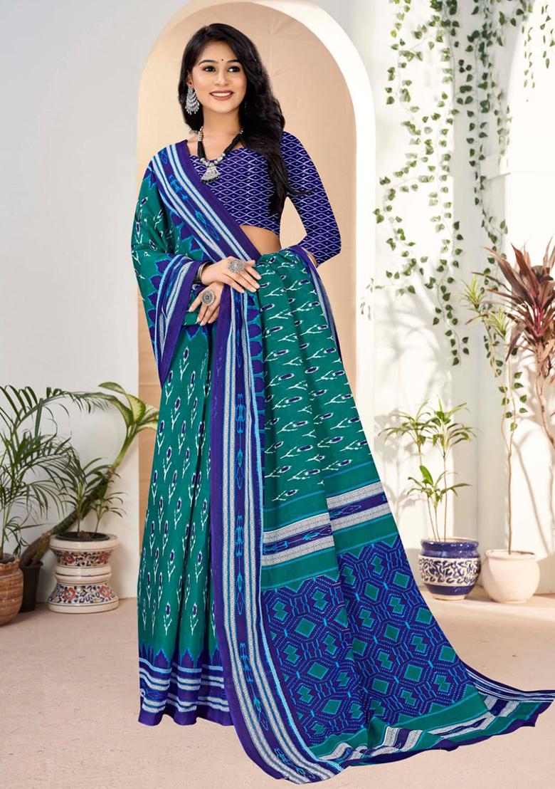 Teal Green Printed Cotton Saree Set