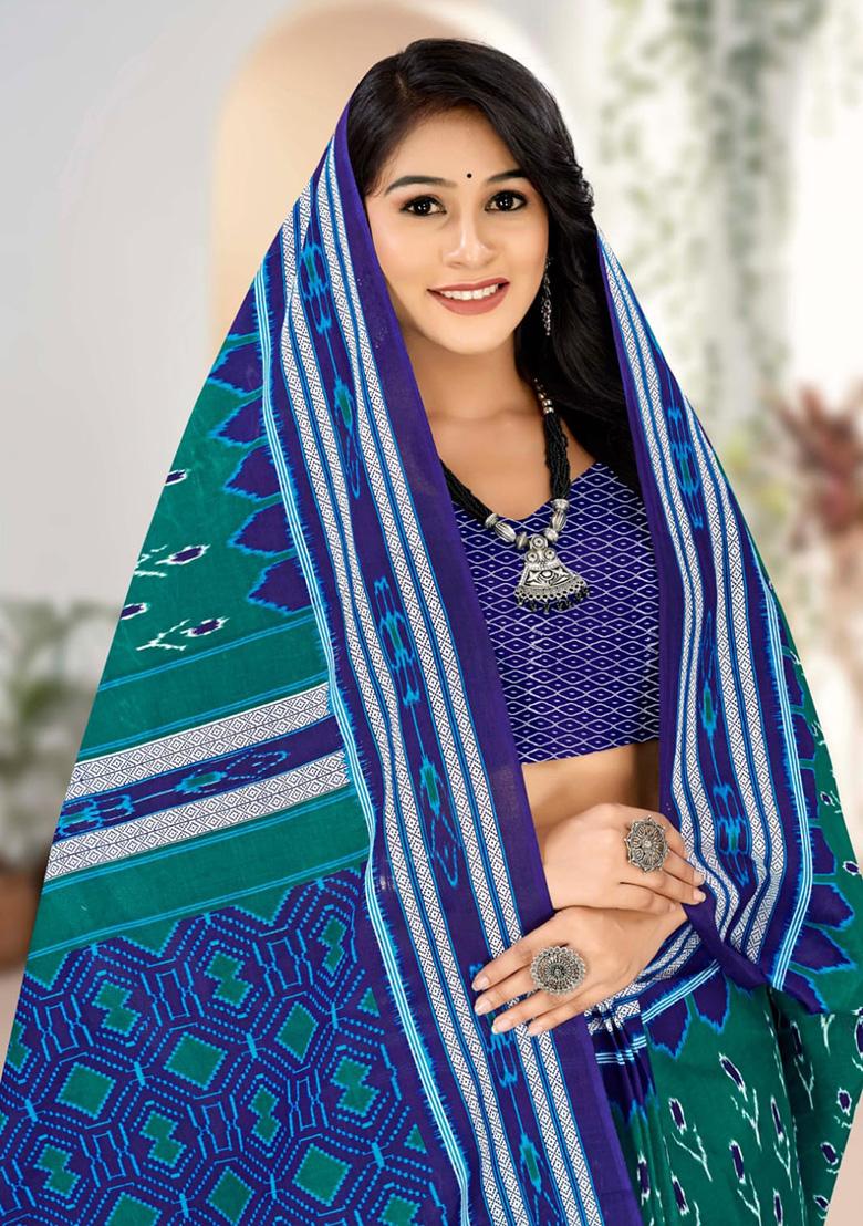Teal Green Printed Cotton Saree Set