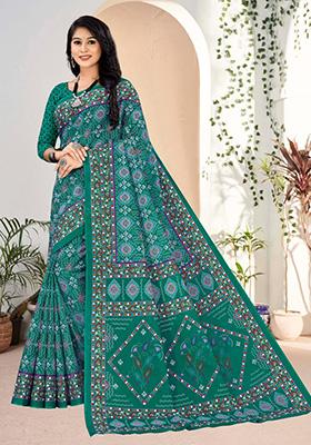 Teal Green Printed Cotton Saree Set