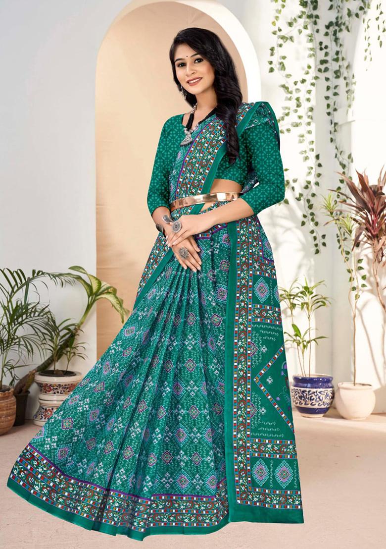 Teal Green Printed Cotton Saree Set