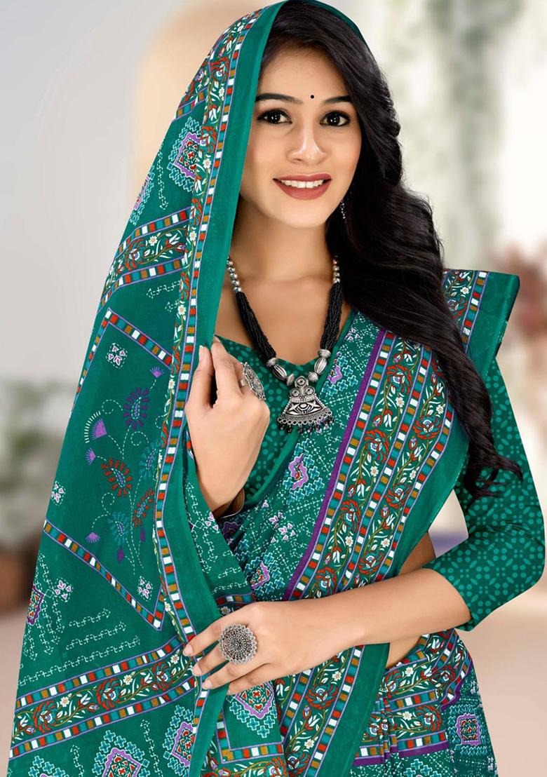 Teal Green Printed Cotton Saree Set
