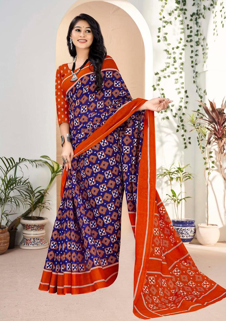 Violet Printed Cotton Saree Set