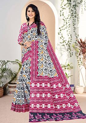 White Printed Cotton Saree Set