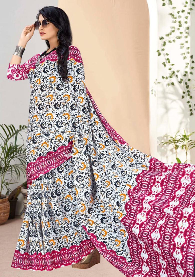 White Printed Cotton Saree Set