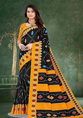 Black Printed Cotton Saree Set