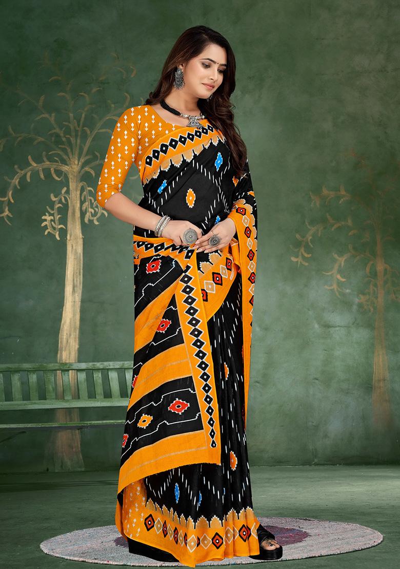 Black Printed Cotton Saree Set