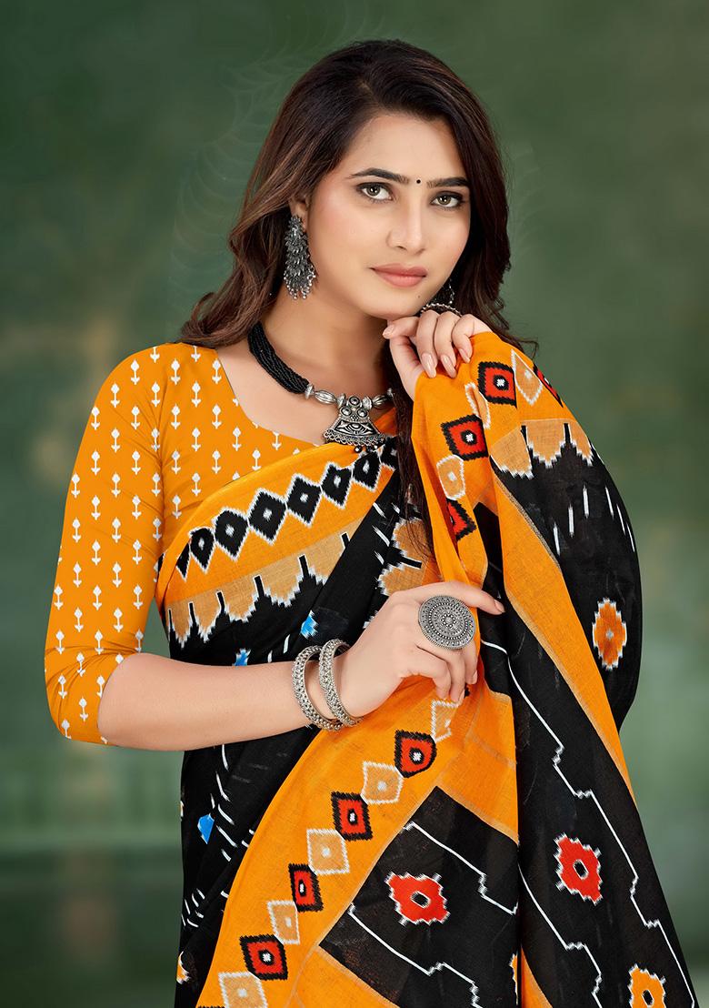 Black Printed Cotton Saree Set