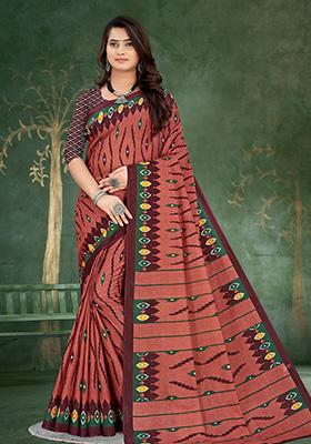 Brown Printed Cotton Saree Set