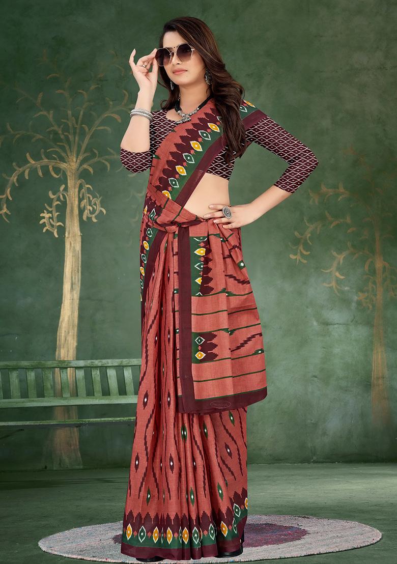 Brown Printed Cotton Saree Set