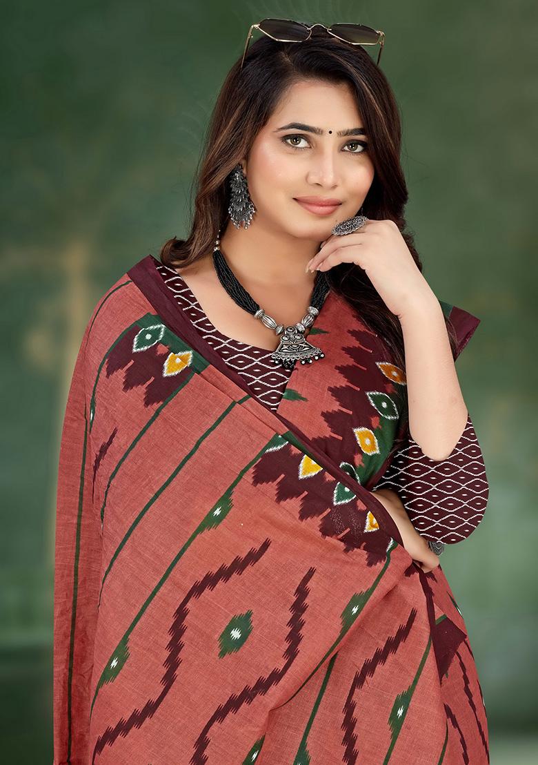 Brown Printed Cotton Saree Set