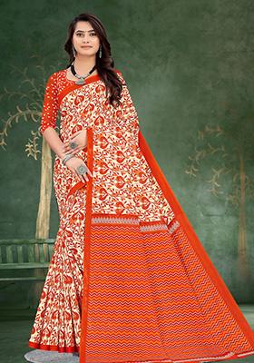 Cream Printed Cotton Saree Set