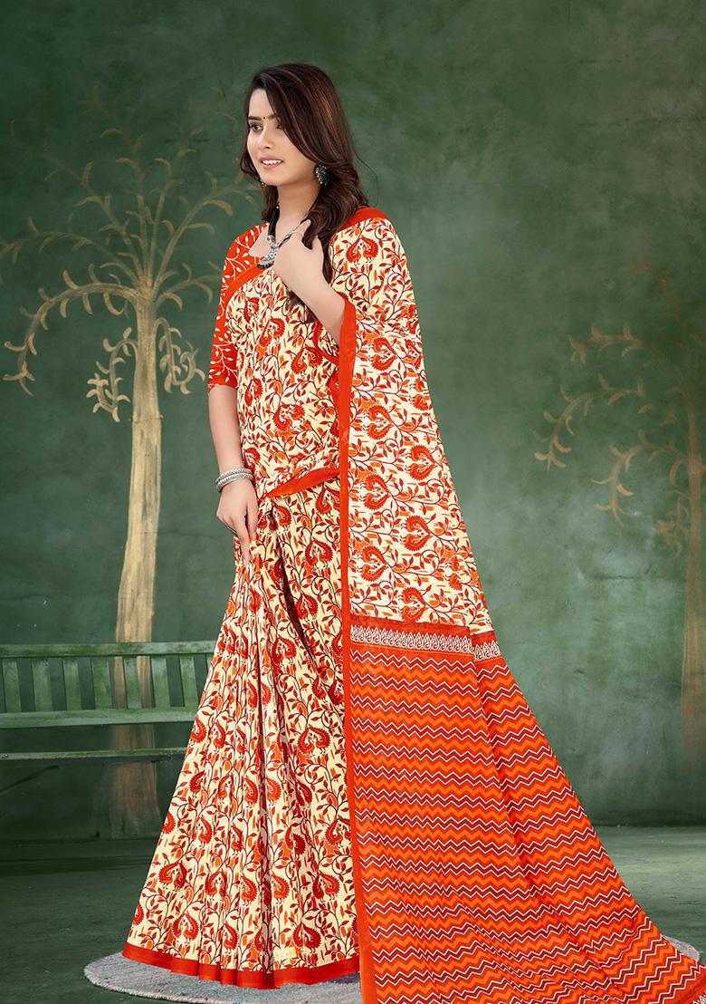 Cream Printed Cotton Saree Set