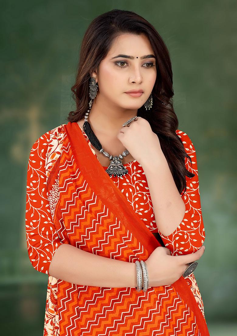 Cream Printed Cotton Saree Set