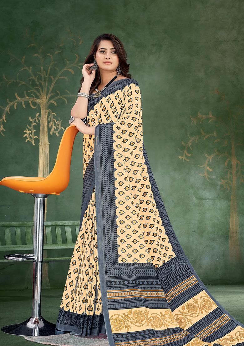 Cream Printed Cotton Saree Set