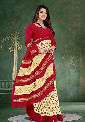 Cream Printed Cotton Saree Set