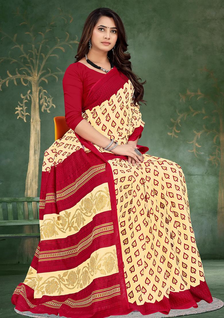 Cream Printed Cotton Saree Set