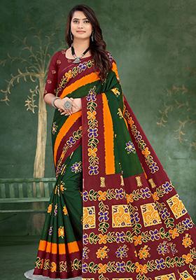 Dark Green Printed Cotton Saree Set
