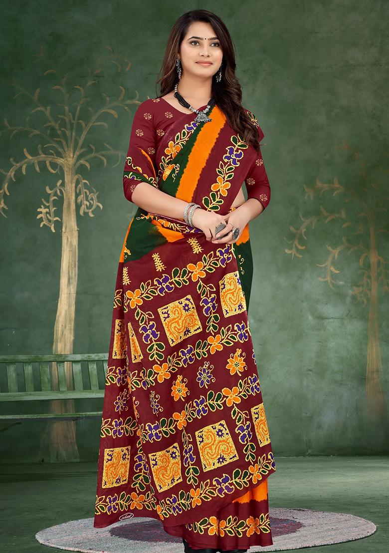 Dark Green Printed Cotton Saree Set