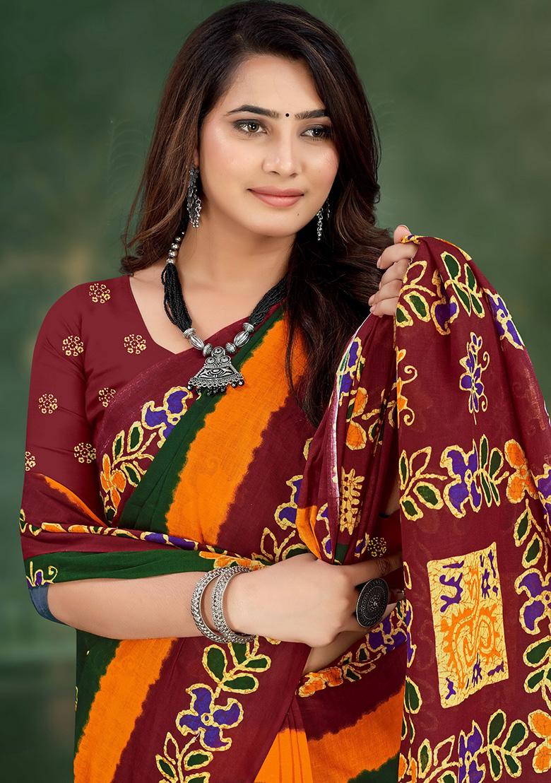 Dark Green Printed Cotton Saree Set