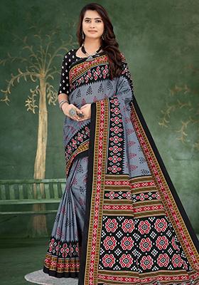 Dark Grey Printed Cotton Saree Set