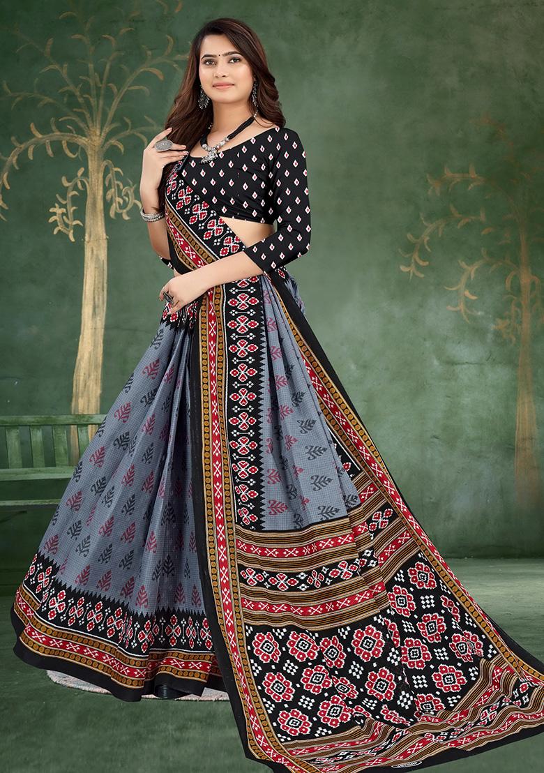 Dark Grey Printed Cotton Saree Set