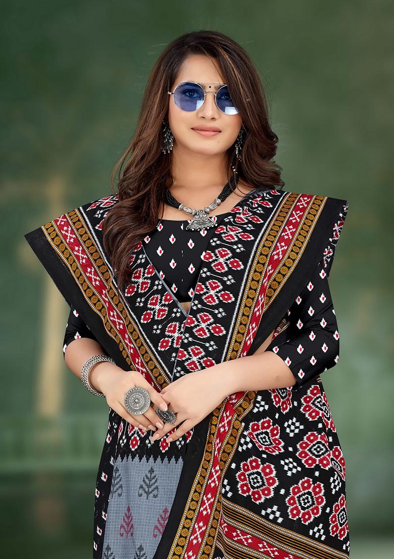 Dark Grey Printed Cotton Saree Set