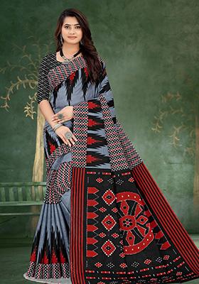 Grey Printed Cotton Saree Set