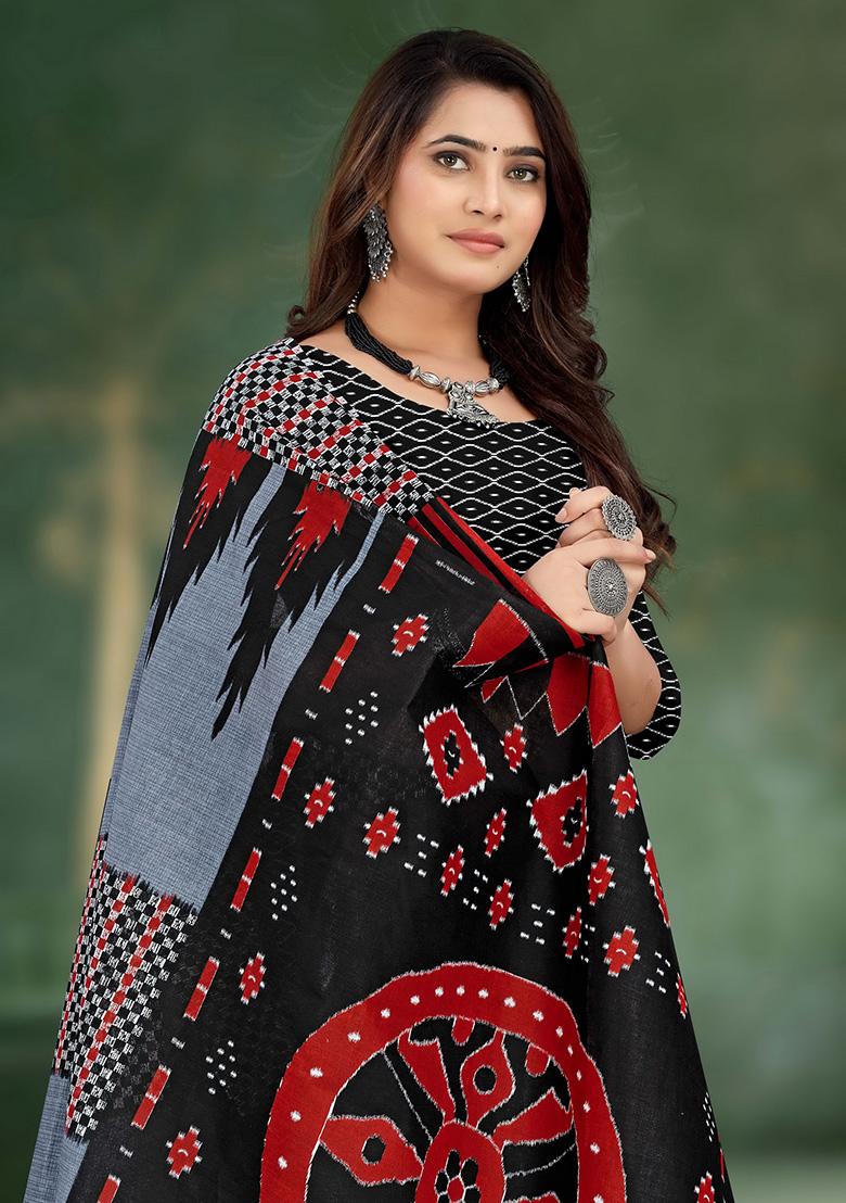 Grey Printed Cotton Saree Set