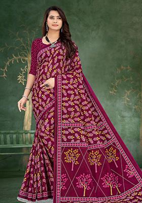 Magenta Printed Cotton Saree Set