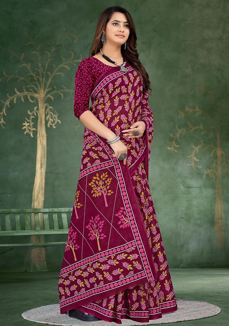 Magenta Printed Cotton Saree Set