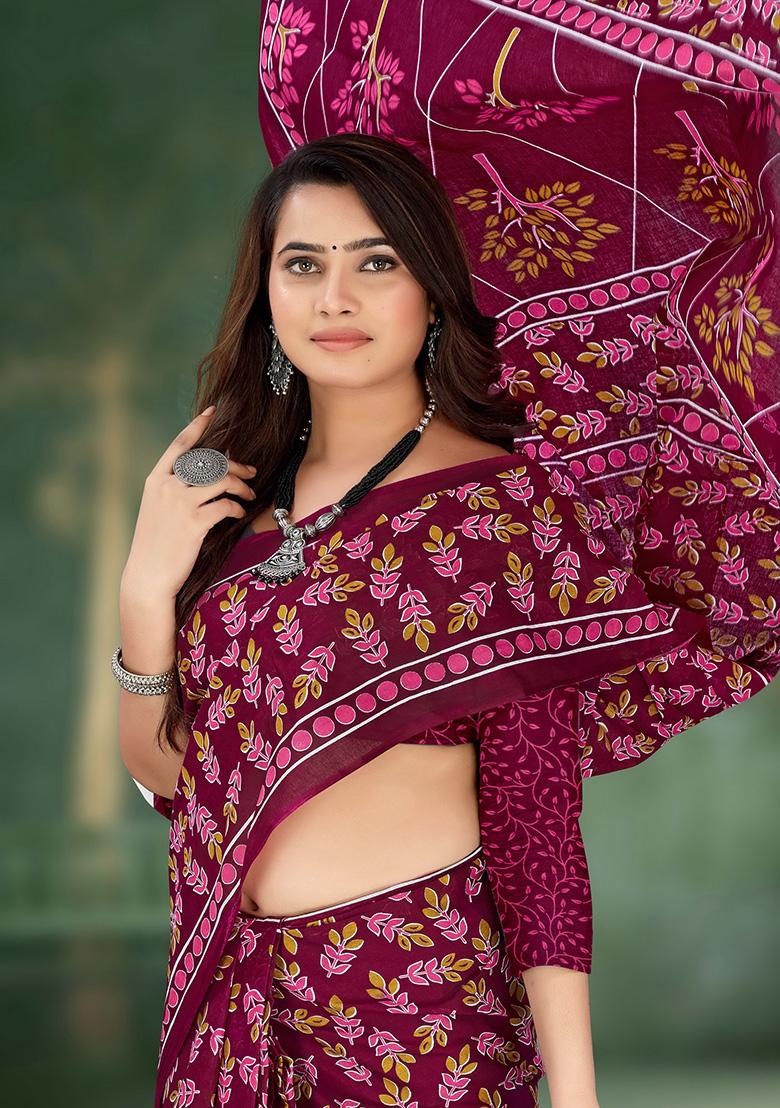 Magenta Printed Cotton Saree Set
