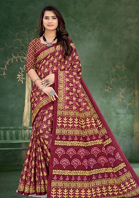 Maroon Printed Cotton Saree Set