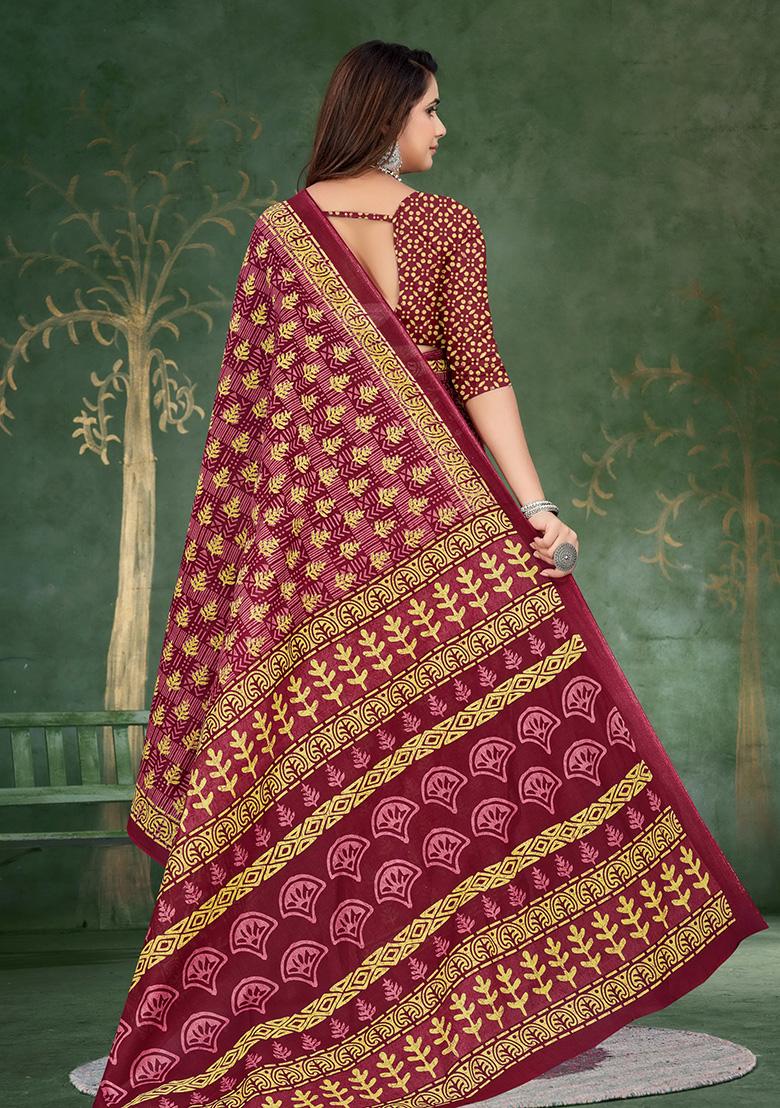 Maroon Printed Cotton Saree Set