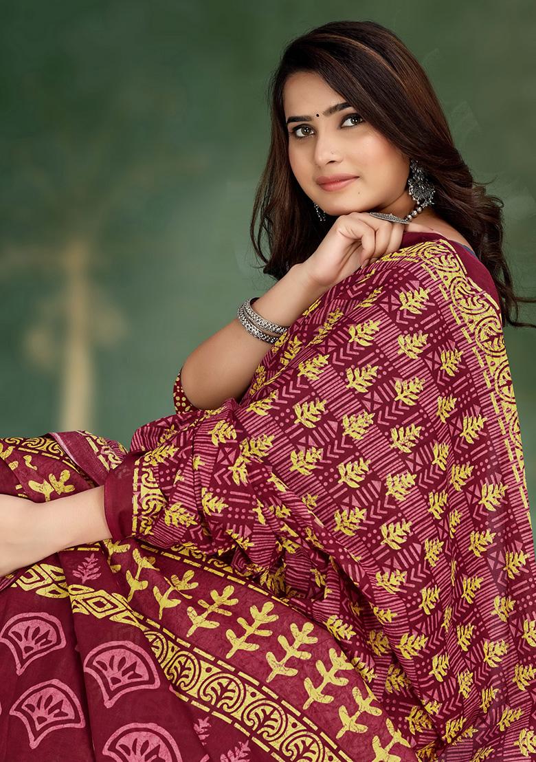 Maroon Printed Cotton Saree Set