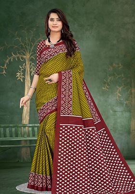 Olive Green Printed Cotton Saree Set