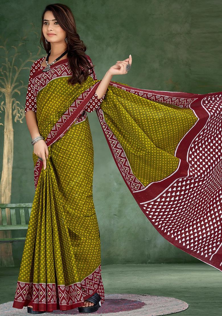 Olive Green Printed Cotton Saree Set