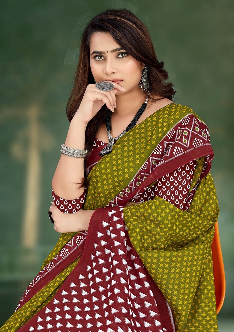 Olive Green Printed Cotton Saree Set