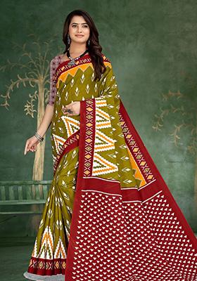 Olive Green Printed Cotton Saree Set