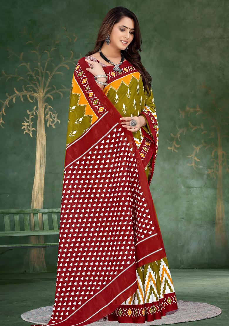 Olive Green Printed Cotton Saree Set