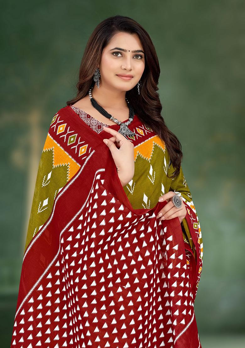 Olive Green Printed Cotton Saree Set